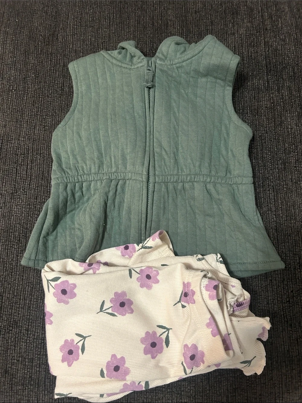 Carter's Green Quilted Hooded Vest with Cream & Lavender Floral Top and Pants